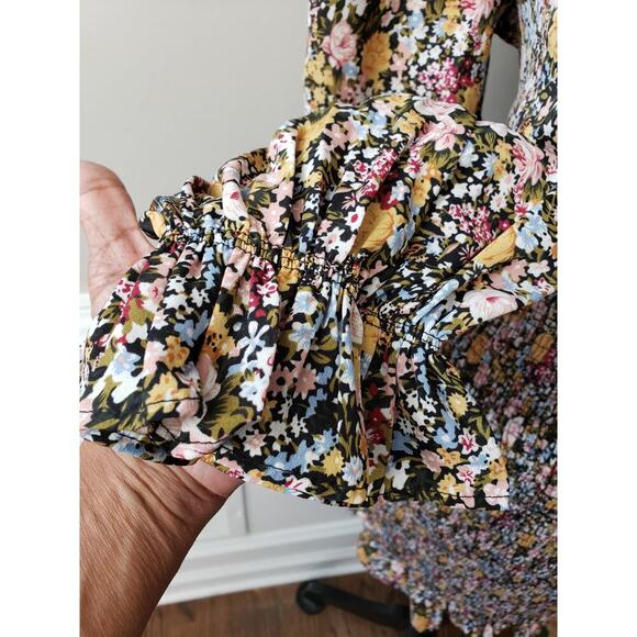 SHEIN Babydoll Dress Womens Large Multi Floral Flare Hem Smocked Deep V Neck - Picture 11 of 13